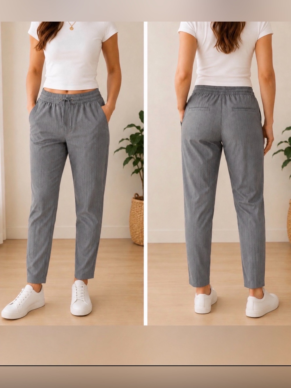 H&M Grey and White Pinstriped Stretch waist drawstring casual pants size 6